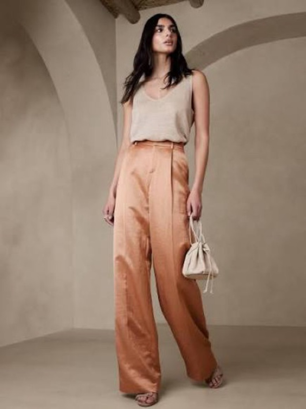 Banana Republic High-Rise Wide-Leg Satin Trousers in Rose Gold Copper